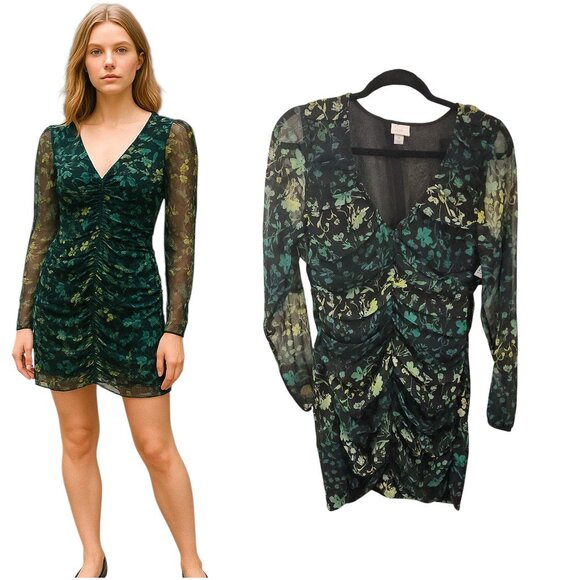 A New Day Green Floral Ruched Long Sleeve Dress Size Medium, Fall Ready - Picture 1 of 14